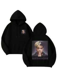 XXXTentacions Graphic Print Essential Hoodie, Streetwear Style, Cotton Blend, Casual Everyday Wear, For Young Men - 黑色 - 查看 1