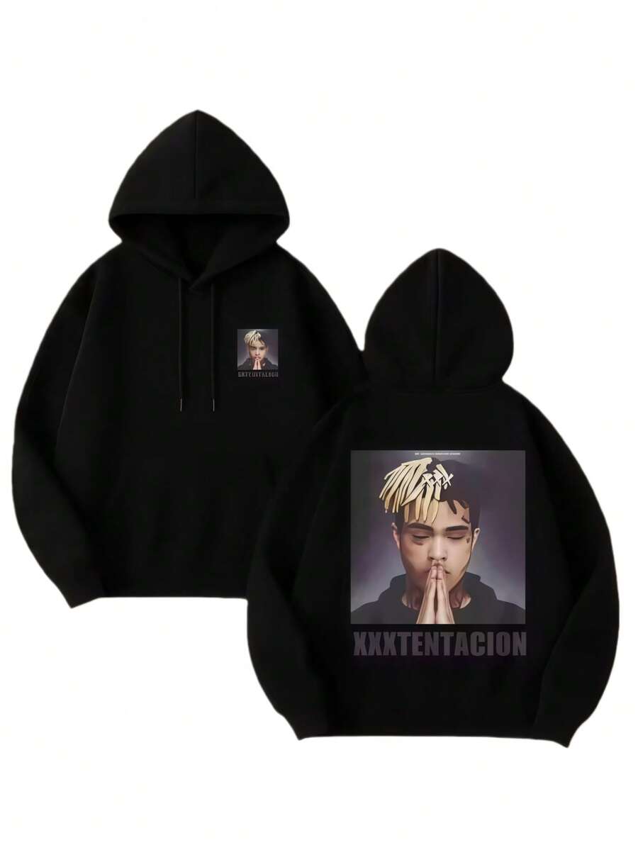 XXXTentacions Graphic Print Essential Hoodie, Streetwear Style, Cotton Blend, Casual Everyday Wear, For Young Men - 黑色 - 查看 1