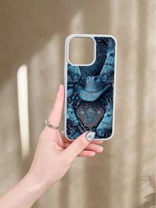 Funda de TPU para iPhone (X/XS/11/12/13/14/15/16) y  (S22/S23/S24/S25) con Diseño Western Estampado de Sombrero y Detalles Artísticos, Protectora Anti-Golpes, Estilo Bohemio para Mu - Azul - Ver 4