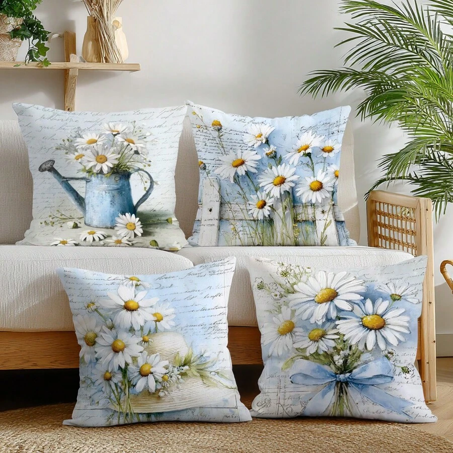 Bộ 4 vỏ gối đơn giản họa tiết hoa cúc xanh hàng ngày, chất liệu nhung đào in một mặt, kích thước vỏ gối 45*45/50*50/40*40CM, thích hợp trang trí phòng khách sofa tối giản hiện đại, làm quà tặng, trang trí tiệc - Nhiều màu - Xem 1