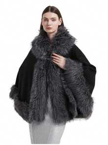 1  Elegant    Oversized Cape  Winter  Faux Fox Fur Trim Cardigan Cloak  Shawl Wraps Winter Poncho Oversized Cape  Gift Idea For Women Mom  Cloak Coat - màu đen - Xem 1