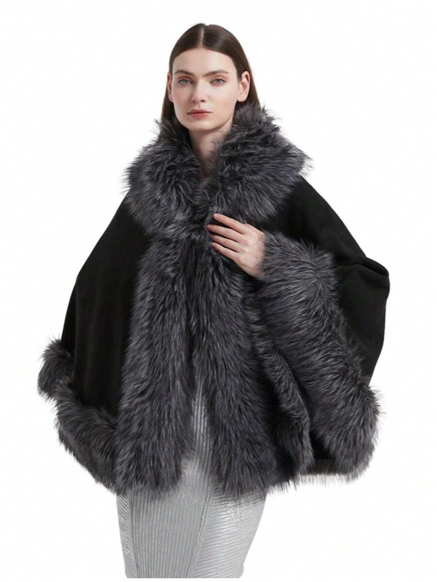 1  Elegant    Oversized Cape  Winter  Faux Fox Fur Trim Cardigan Cloak  Shawl Wraps Winter Poncho Oversized Cape  Gift Idea For Women Mom  Cloak Coat - màu đen - Xem 1