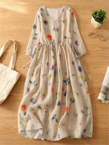 Women's Casual Elegant Bohemian Style Mid-Length Dress, V-Neck Half Sleeve, Drawstring Design, With Pockets, Semi-Sheer Woven Fabric, Creating A Retro Look - Multicolor - View 4