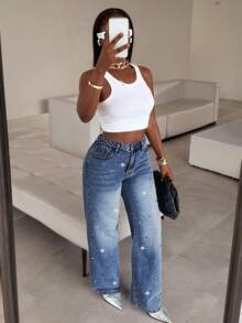 Quần jeans nữ dáng suông màu xanh dương trung bình, đính pha lê kiểu cổ điển, chất liệu cotton - Thanh lịch cho tiệc tùng và trang phục thường ngày, phong cách mùa xuân năng động. - Rửa trung bình - Xem 6