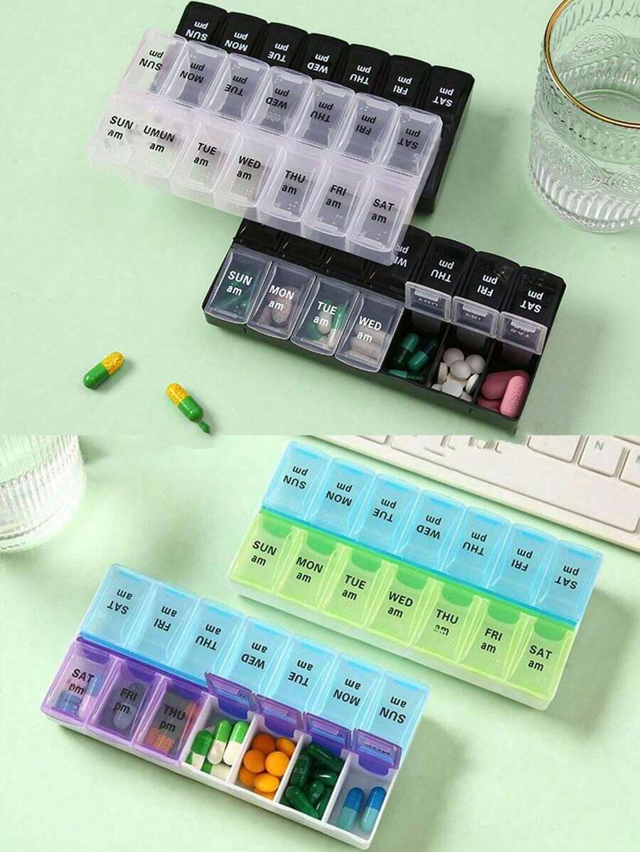 14格彩色药盒，便携式一周药盒套装，迷你组合药盒包装，每日规律提醒药盒（周一至周日），旅行随身携带及手提包必备，高效管理维生素和药品