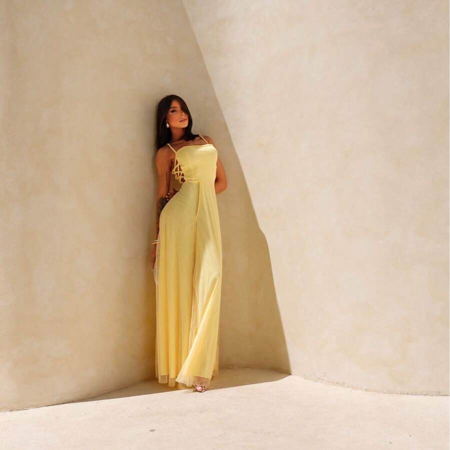 Gabi Dress With Shiny Tulle And Crossed Side Detail - Yellow - View 1