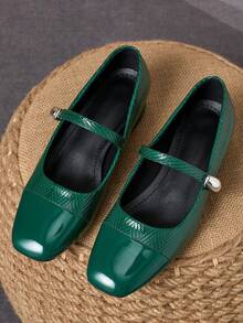 Dark Green Patent Toe Mary Jane Block Heels - Dark Green - View 4