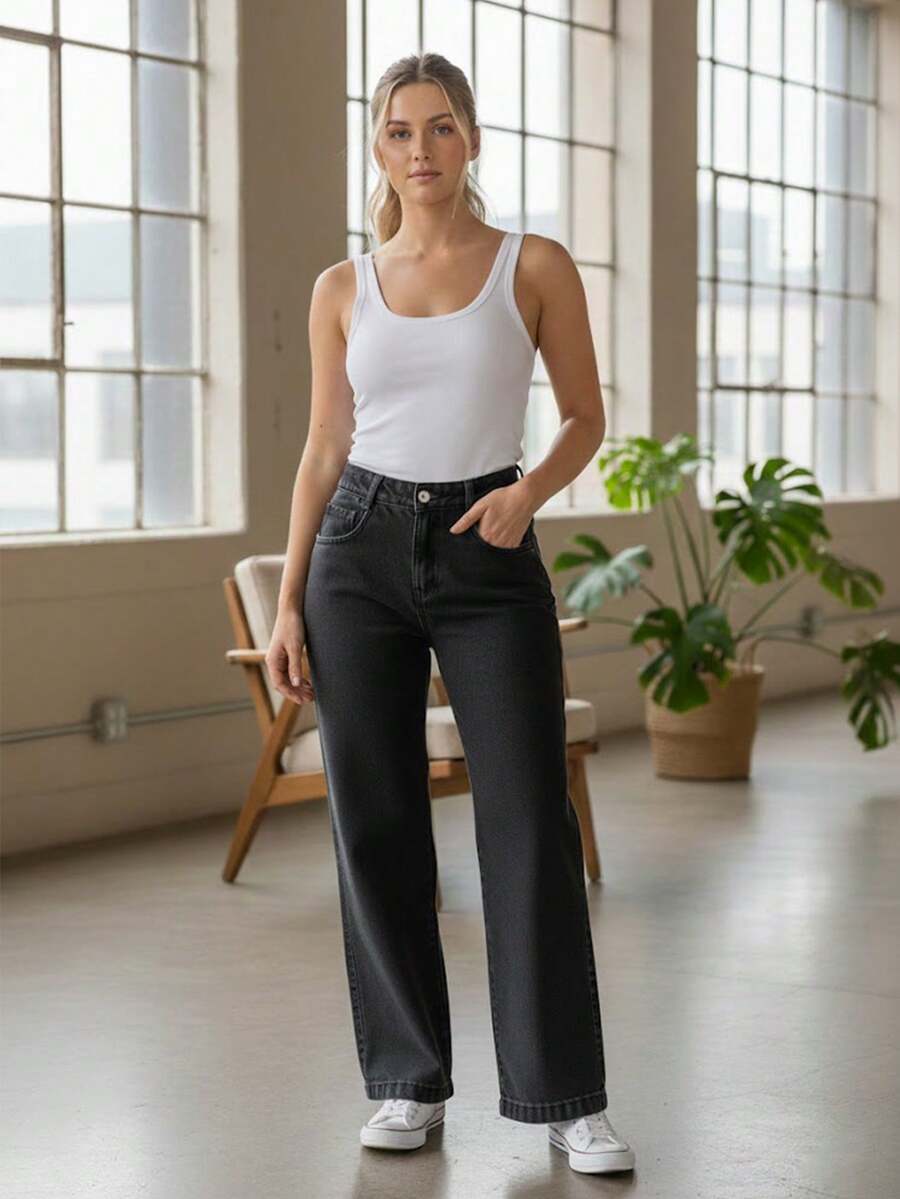 Women's High Waisted Jeans, Wide Leg Pants, Current Fashion - Màu xám đen - Xem 1