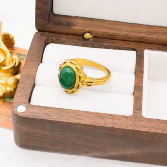 18K Gold Plated Stainless Steel Vintage Inspired Floral Natural Stone Ring, Fashionable Accessory Suitable For Daily Wear