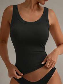 1 pieza Top de sujetador casual para mujer - Camiseta de punto de estiramiento medio adecuada para todas las estaciones - Negro - Ver 3