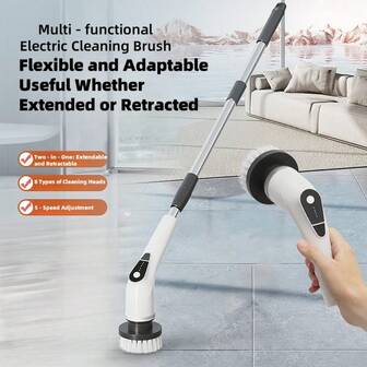 1 PIEZA Cepillo de limpieza eléctrico multifuncional 9 en 1 para cocina, baño, piso, azulejos, vidrio con mango telescópico extendido y cabezal de cepillo múltiple