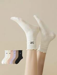 5 pares de calcetines casuales y versátiles para mujer con lazo y ribete de volantes - Multicolor - Ver 10