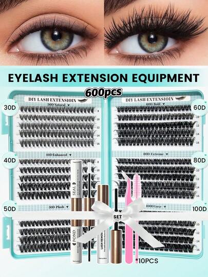 DIY Eyelash Extension Kit, Includes Adhesive, Makeup Remover, Eyelash Tweezers And Eyelash Brush - Home Use Cluster False Eyelash Glue Set