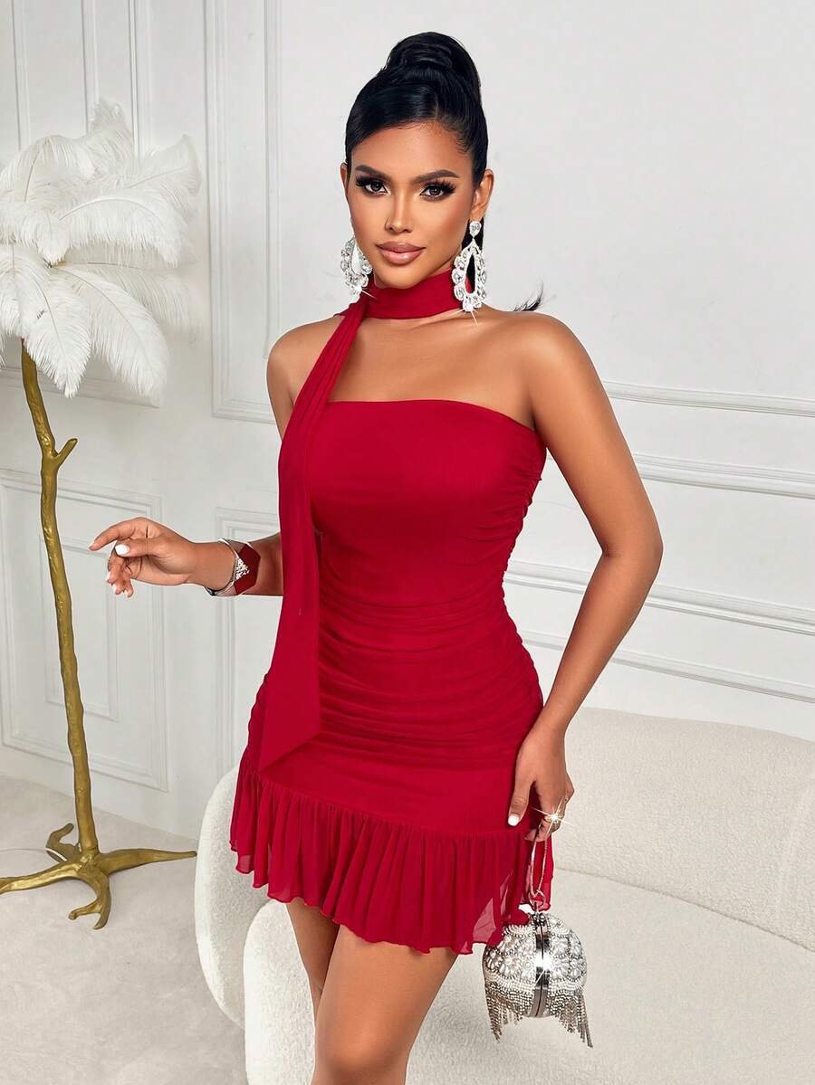 AIJ Amarilo Women's Strapless Sheer Dress - Solid Color, Elegant & Sexy | Suitable For Valentine's Day, Weddings, Galas And More - Red - View 1