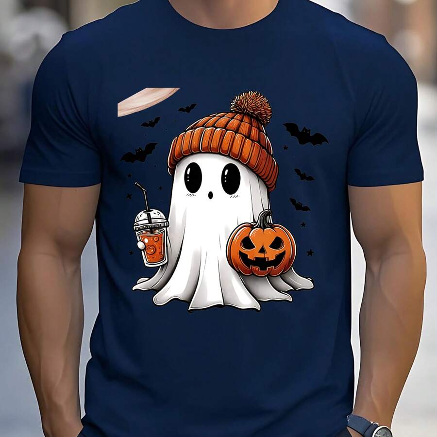 2026 New Men's T-Shirt Black Short Sleeve T-Shirt With Halloween Ghost Print With Hat And Pumpkin For Daily Wear, Theme Parties And Autumn Season. Comfortable And Versatile Everyday Outfits - 藏蓝色 - 查看 1