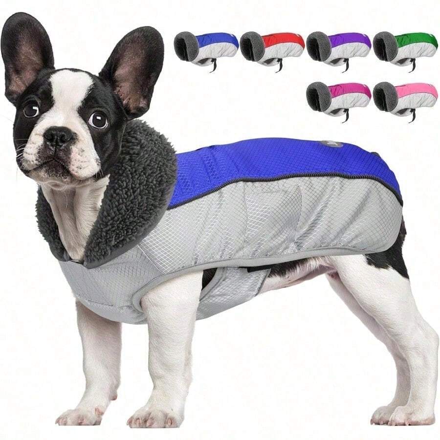 Ychamarra de invierno para perro chamarra de Navidad para perro con rayas reflectantes sueter impermeable con agujero para arnes chaleco de invierno calido para mascotas para perros pequeños medianos y extragrandes morado M - Mediano+Azul / Patchwork - Ver 1