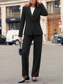 Casly Lamiit Women Plain Long Sleeve Suit Collar Regular Top And Pants Set Elegant Composite Fabric Suit With Pockets - 黑色 - 查看 2