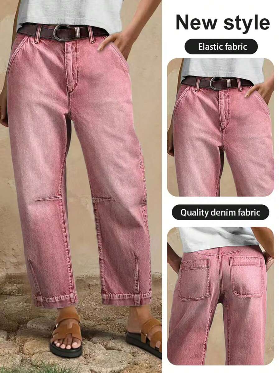 Women's Casual Jeans, Fashion Front & Back Pleated Stretch Cropped Jeans Spring - Rust Red - View 1