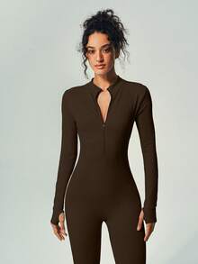 UONNOU 1 Piece Jumpsuit One-Piece Sportswear Peach Hip Lift Waist Control Abdomen Slim Leg Full Body Shaping Zipper Half-Opening Long Sleeve Thumb Hole Design Small Stand-Up Collar Suitable For Sports Skiing Cycling Gym Yoga Ball Sports Exercise Indoor And Outdoor Daily Leisure Seamless Ribbed Knitted Fabric Sportswear Autumn And Winter Style - Brown - View 4