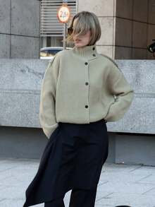 Áo khoác cardigan dệt kim cổ đứng dáng vintage thanh lịch dành cho nữ, áo khoác dài tay cài nút thời trang, thích hợp cho mùa thu/đông. - Màu xanh Ô liu - Xem 8