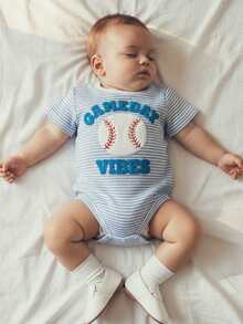 Baby Boy Summer Clothes Newborn Bubble Romper Short Sleeve Baseball Embroidery Jumpsuit One Piece Infant Baseball Outfit - 藍色 - 查看 10