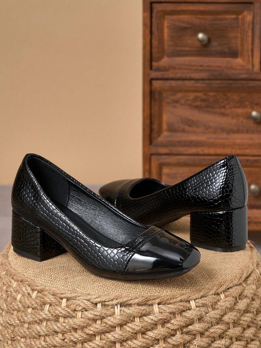 Black Patent Two-Tone Stone-Texture Square Toe Block Heel Pumps – 5cm - Black - View 1
