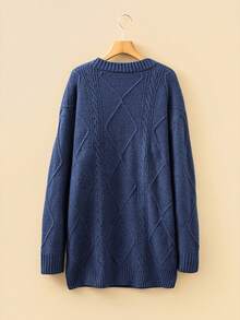 Acelitt Autumn/Winter Women's Solid Color Knitted Textured Pattern Dropped Shoulder Oversized Sweater Dress, Order One Size Down Vacation - Blue - View 8