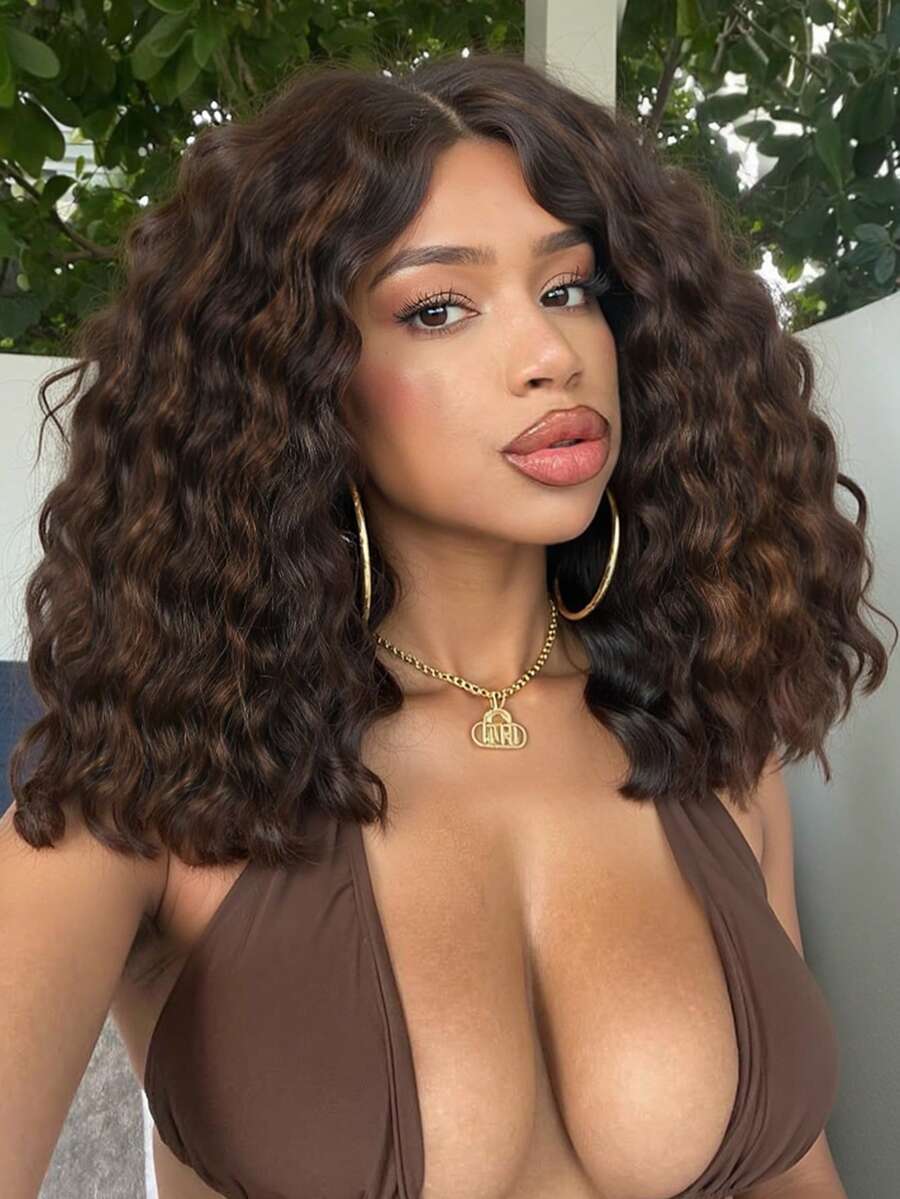 14 Inch Deep Wave Wig Short Body Wave Bob Wig For Women Synthetic Hair Omber Brown Bob Wig Natural Looking Curly Hair Wigs Brown Short Wavy Wigs Deep Wave BOB Wig Synthetic Daily Life Use Wigs - Nhiều màu - Xem 1