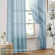 Elegant Blue Sheer Curtains 84 Inches Long For Bedroom Living Room Cotton Linen Textured Rod Pocket Crinkle Sheer Curtains Light Filtering Rustic Voile Window Drapes W52 X L84 In 2 Panels - Blue - View 3
