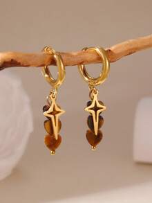 GEREIT 1 Pair 18K Stainless Steel Natural Stone Radiating Wheat Earrings, Suitable For Women's Daily Wear (Natural Stone Veining Is Random)