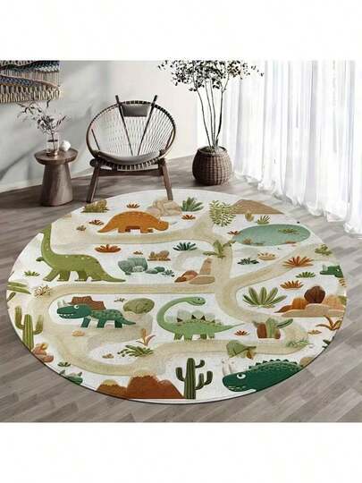 1pc Prehistoric Dinosaur Theme Round Rug, With A Round Shape, Light-Colored Base Paired With Dinosaur And Greenery Prehistoric Elements, Fresh And Lively Style, Fitting For Natural Exploration And Playful Home Decor.