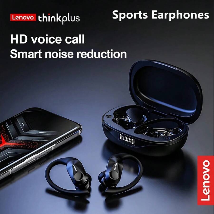 Auriculares deportivos inalámbricos Lenovo LP75 con micrófono, control de botones, indicador de batería LED, auriculares Bluetooth 5.4 TWS de alta fidelidad estéreo - Unitalla - Ver 1