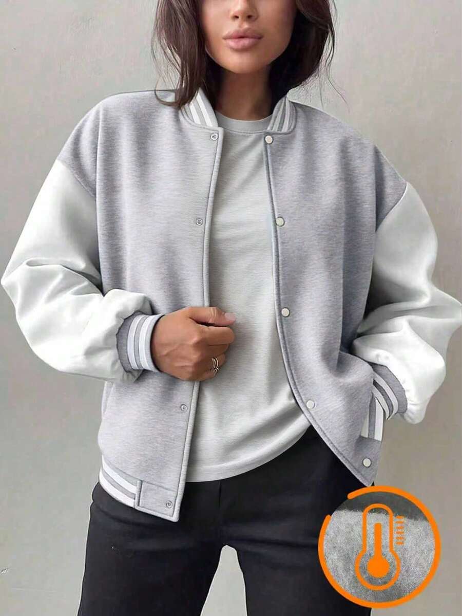 1件宽松时尚户外运动休闲抓绒棒球外套,适合青少年女孩秋冬季穿着 - 灰色 - 查看 1