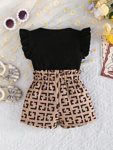 Bộ 2 món cho bé gái, áo tay ngắn có nơ và quần short in họa tiết tối giản, thích hợp mặc ngoài trời vào mùa hè. - màu đen - Xem 3
