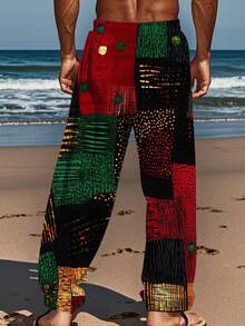 's African-Inspired Wide-Leg Casual Pants With Multicolor Abstract Print (Red/Yellow/Green/Black) - Loose-Fit Straight-Leg Trousers, African Fabric-Like Design For Festivals, Parties & Casual Attire - Machine Washable - 彩色 - 查看 4