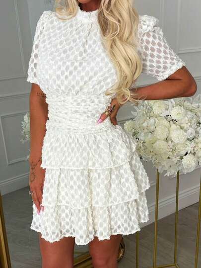 Vuslat Elegant Minimalist Commute Office Party Versatile Plaid Semi-Sheer Short Sleeve Mandarin Collar Cinched Waist Ruffle Hem Mini Dress, Suitable For Elegant Parties, Singles' Day, Back To School, Graduation Season, Night Dates, Birthday Parties, Comfortable And Relaxed