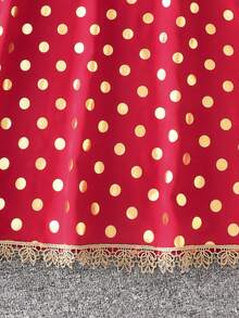 Vihyde 1件少女金色波点花卉饰边喇叭袖连衣裙，假日版