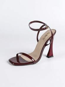 Jin Bei Qi 春夏女士高跟鞋，方头，纯色漆皮，交叉踝带，露趾，户外派对，细高跟，不对称鞋跟，时尚高跟鞋，优雅，魅力四射，派对，宴会，浪漫，酒红色高跟鞋 - 酒紅色 - 查看 7