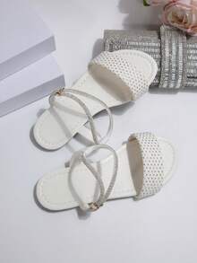 Versatile Minimalist Flat Open Toe Sandals With Delicate Rhinestone Design, Vintage Aesthetic Suitable For Dates, Commuting, Travel - White - View 5
