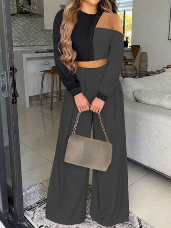 休闲修身印花长袖圆领T恤衬衫搭配梭织直筒裤女士夏季两件套