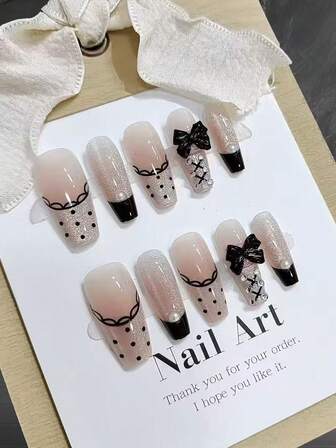 Monina 10pcs Romantic Sheer Butterfly Elegant Medium Length False Nails, Sweet & Chic Lace Polka Dot Bow Tie Design, Classy & Versatile Fashion Nail Accessories, Perfect For Dates