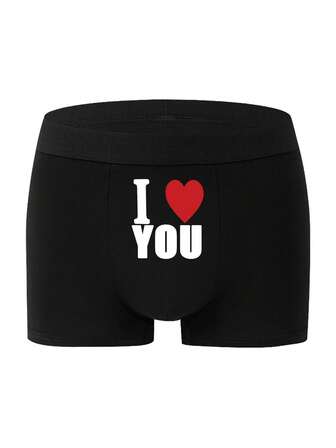 Men's Black "I LOVE YOU" Print Boxer Briefs, Suitable For Holidays, Valentine's Day Wear, Perfect Gift For Boyfriend, Husband
