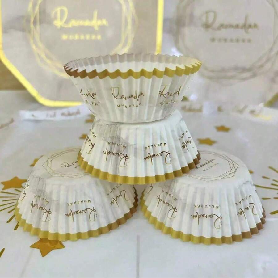 50 cái/150 cái giấy lót bánh cupcake Eid Mubarak, cốc nướng bánh Ramadan Mubarak, khay nướng bánh, đồ dùng trang trí tiệc Ramadan - Nhiều màu - Xem 1