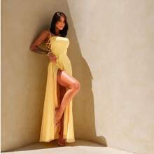 Gabi Dress With Shiny Tulle And Crossed Side Detail - Yellow - View 7