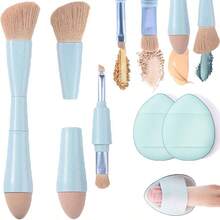 Viaje para maquillaje, Brochas de Viaje, 4 en 1 Juego de brochas de maquillaje, brocha para base de doble punta para base, corrector, cejas, sombra de ojo, con 2 esponjas cosmticas Azul - Azul - Ver 1