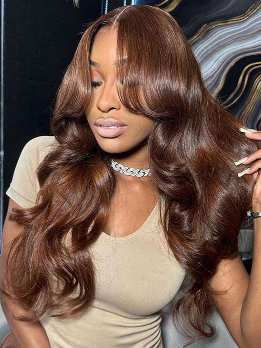 200% Density Brown Color Body Wave Human Blended Hair 13X4 Lace Frontal Wigs For Women Pre Plucked Large Area Lace Front Wig Daily Party Wigs Natural Hairline Wig - 棕色 - 查看 1