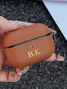 [Customized]Personalized Custom Golden Initials Letters Customize Earphone Case Compatible With 1 2 3 4 Pro 2 Pro 3 Luxury Faux Leather Pattern TPU Cover With Keychain