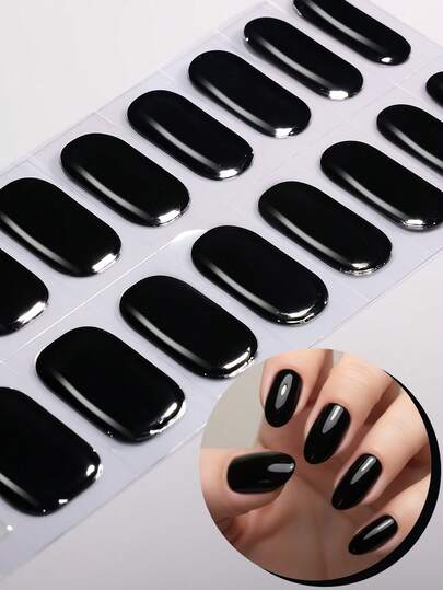 16pcs Black Semi Cured Gel Nail Strips, Winter Solid Color Gel Full Nail Wrap, Easy Manicure Application, Requires UV Lamp, Suitable For Women's Workplace, Daily Home DIY Nail Stickers Nails Nail Supplies