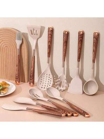 12pcs/Set Silicone Wood Grain Non-Stick Cookware Set, Heat-Resistant Coated Golden Wood Handle Cooking Utensils