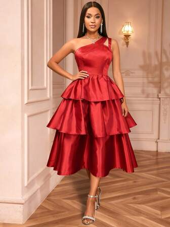 AOMEI 优雅女士红色缎面单肩镂空层叠中长连衣裙，适合正式鸡尾酒会、新娘活动、新年晚宴等场合，时尚晚礼服系列